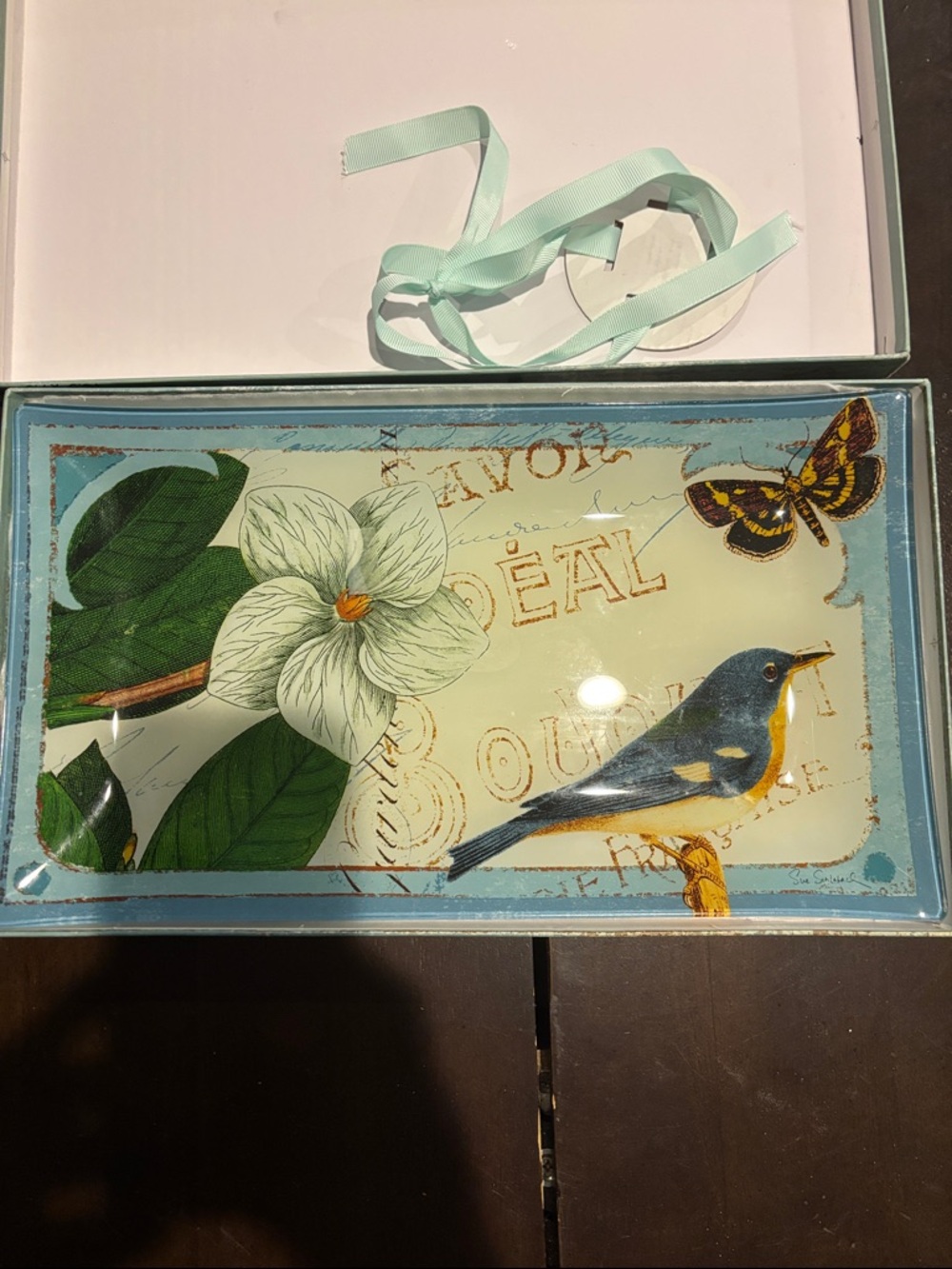 Notions Botanique Blue Parisian Bird Glass Tray by Sue Schlabach